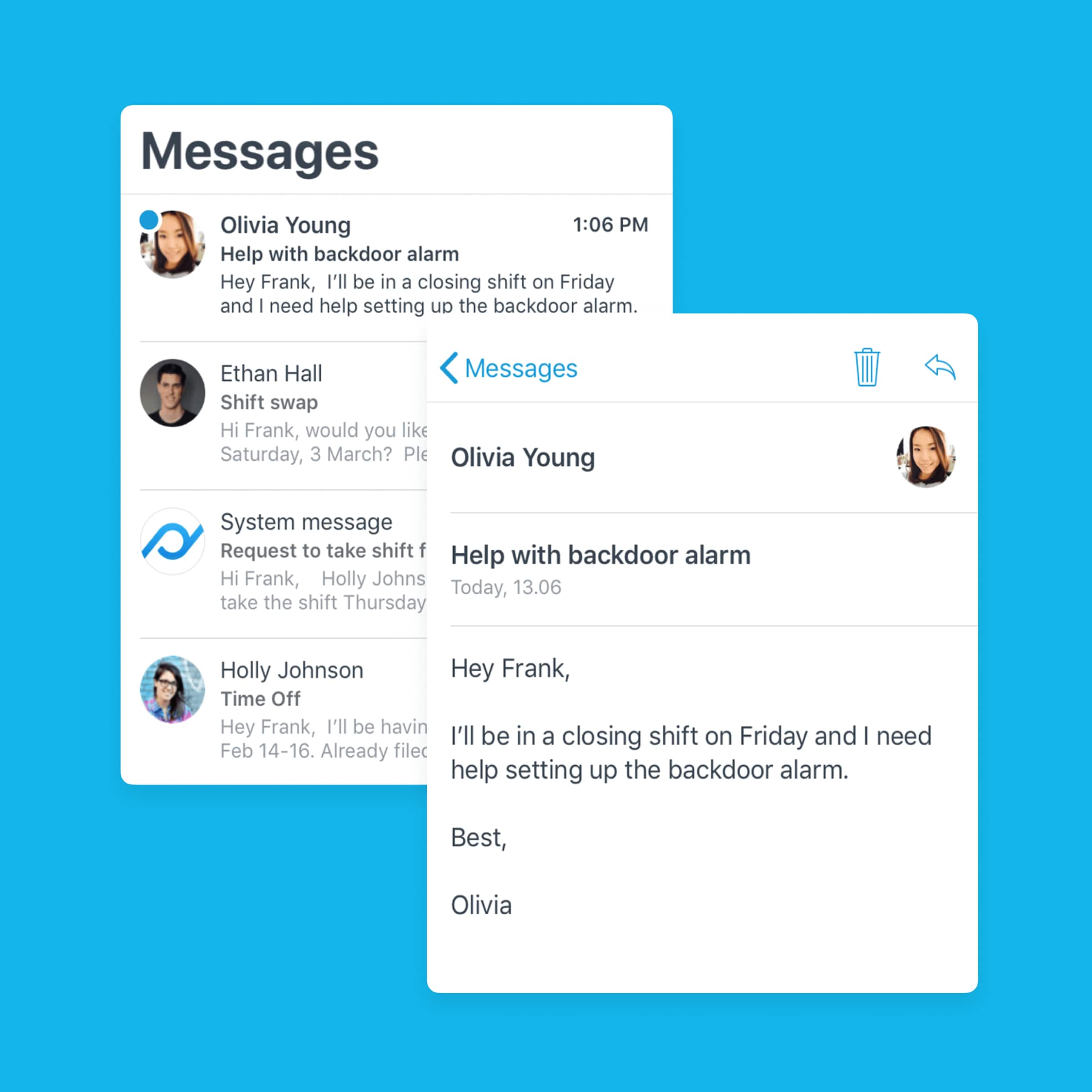 Messages between employees on workforce management system Planday from Xero.